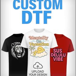 Custom DTF Transfers – Upload Your Design, Photo, Logo, or Text – Direct to Film Heat Transfers for T-Shirts, Hoodies, Sweatshirts, Tote Bags – Full C