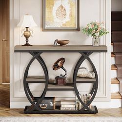 Tribesigns 39.4 inches Console Tabl e Industrial 4 Tiers Sof a Table Entry way Tabl e with Storage Shel ves Narrow Wood Accent Tab les with Metal Fram