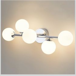 Mid-century modern bathroom vanity lights, 5 dimmable chrome lights with frosted milk Glass 
