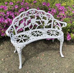 Outdoor Bench Garden Chair, Anti Rust Cast Aluminum Patio Yard Bench, Carved Rose Loveset