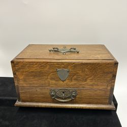 Antique Oak Travel Writing Box w/ Brass Hardware – “Haunted” Auto-Opening Drawer – 