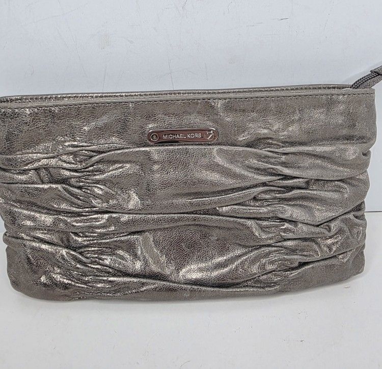 Michael Kors Pleated Leather Metallic Pewter Gray Webster Clutch Purse NO STRAP