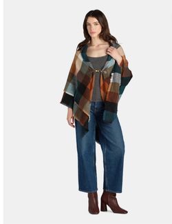 Women’s Plaid Ruana Jacket with Buckle Closure, Size S-M Brown Acorn.   (G)