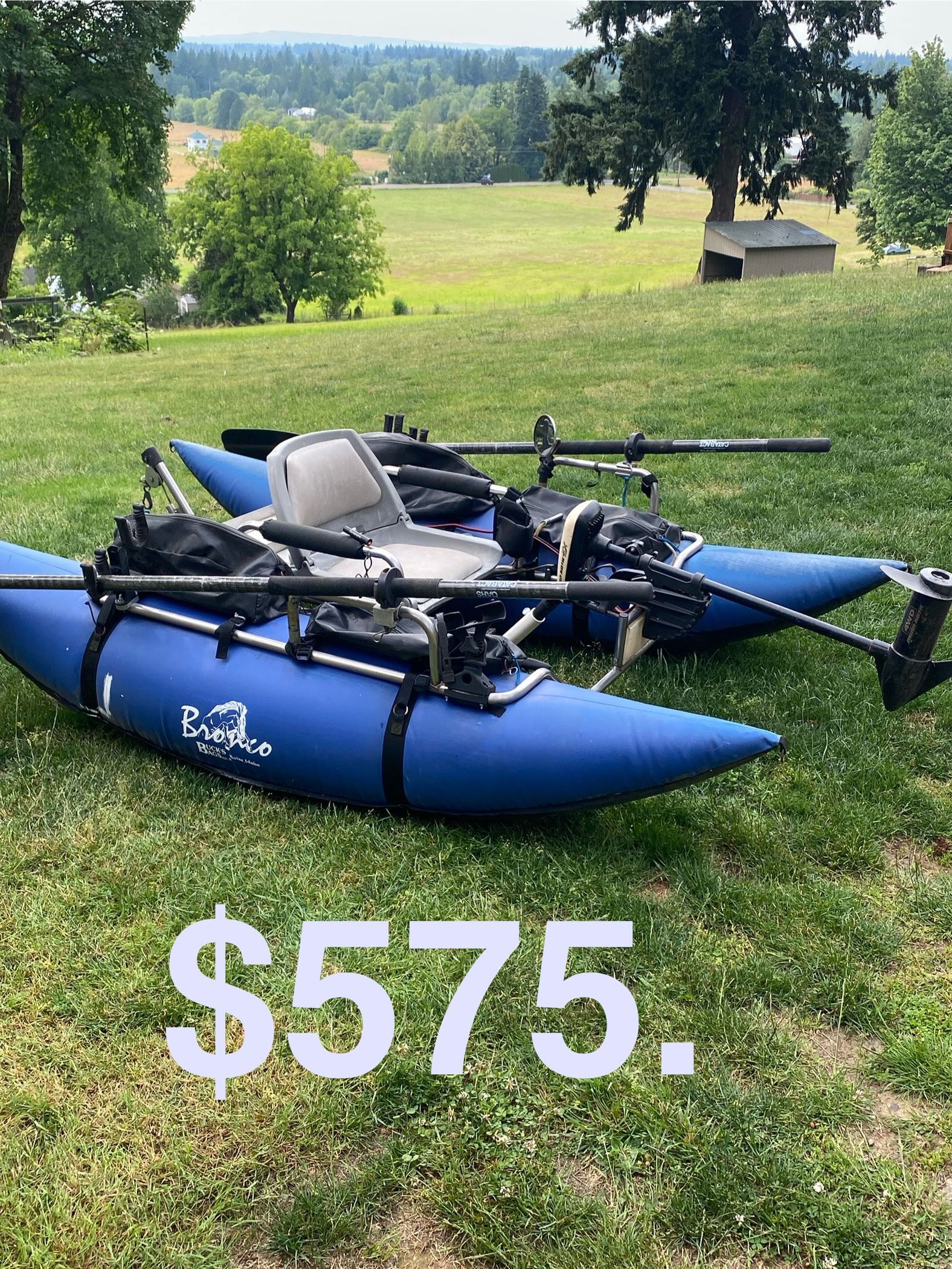 Bronco Pontoon Boat, Oars, Motor, Fly Pole