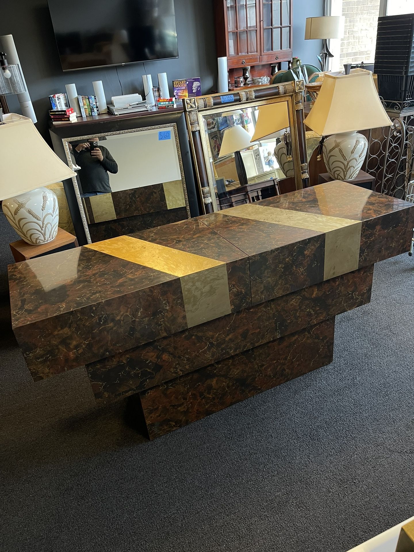 Modern Faux Burl Wood Laminate Three-Tier Stepped Console Table With Brass Inlaid