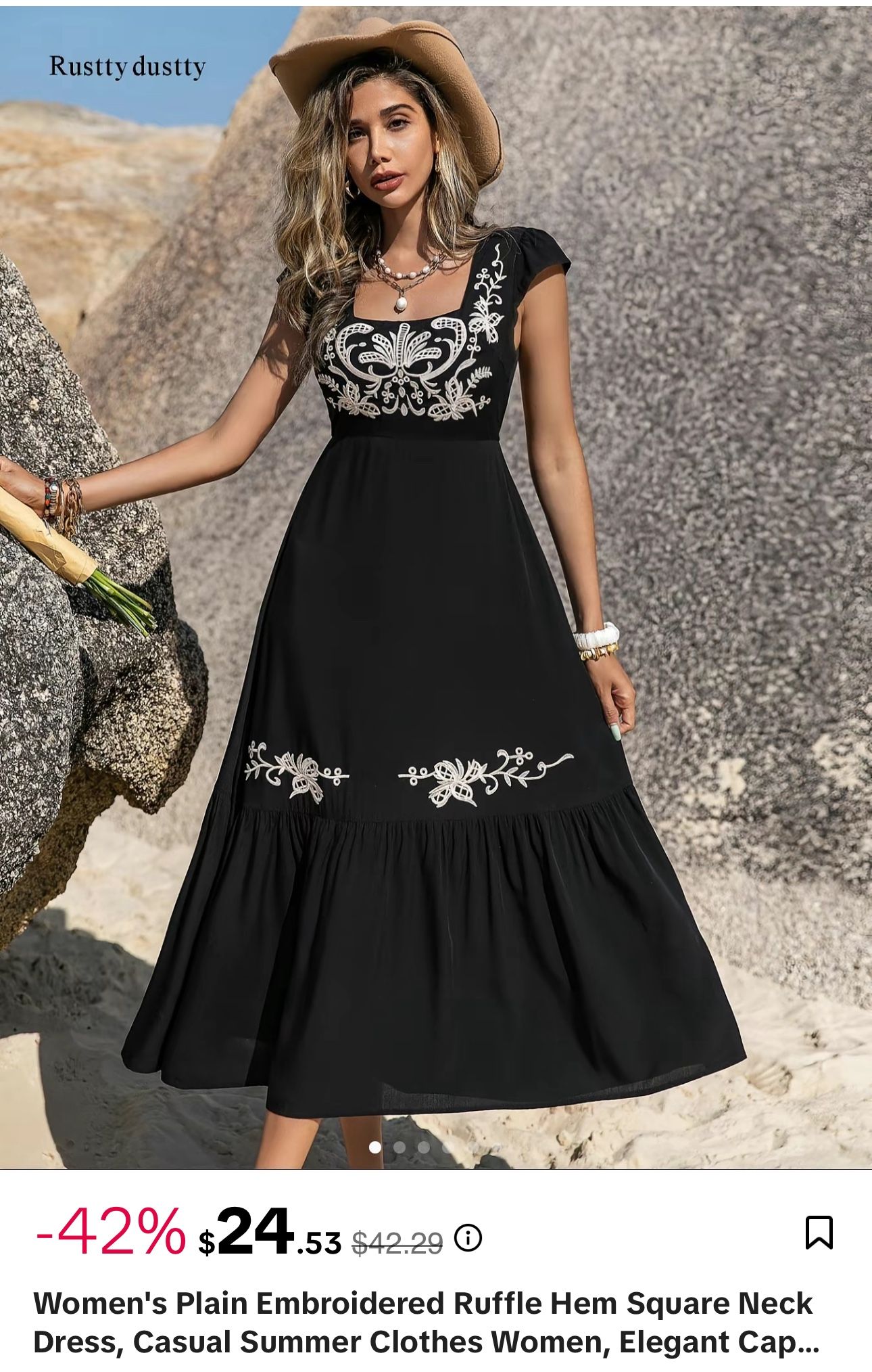 Women's Plain Embroidered Ruffle Hem Square Neck Dress