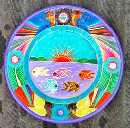 Huge 16" Mexican folk art pottery bright polychromatic charger or wall plaque