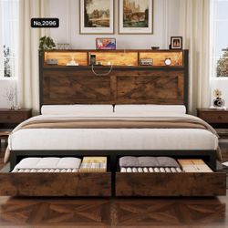 Full Bed Frame with Bookcase Storage Headboard, Charging Station, LED Light and 2 Storage Drawers, Brown