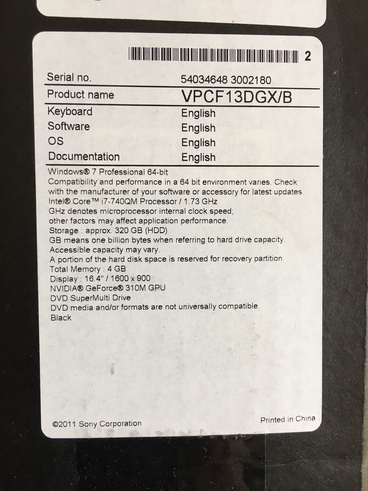 Sony VIAO Laptop, 16.4” Screen, i7 Core, 320GB HDD, 4GB RAM, Windows 10 Pro, SN#54034648 3002180 (New, Open Box)