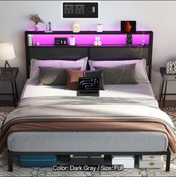 King size bed frame with LED headboard and charging station