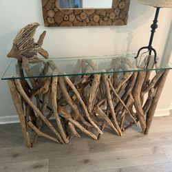 Teak Wood Console Table With Glass Top