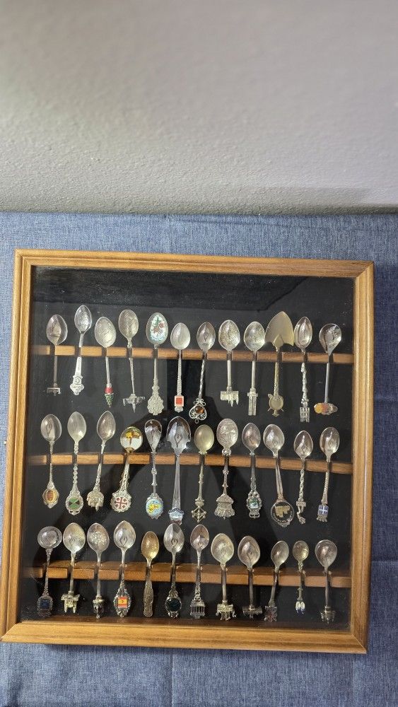 Vintage 36-Piece World Souvenir Spoon Collection in Large Wood & Glass Display Case
