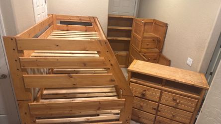 Matching set of bunk bed, stairs, bookcase and dresser
