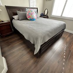 Dark Wood King Bed Frame w/ Storage Drawers & Headboard
