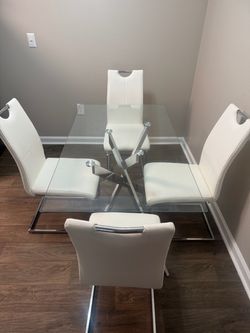 Glass Top Dining Table with 4 White Chairs