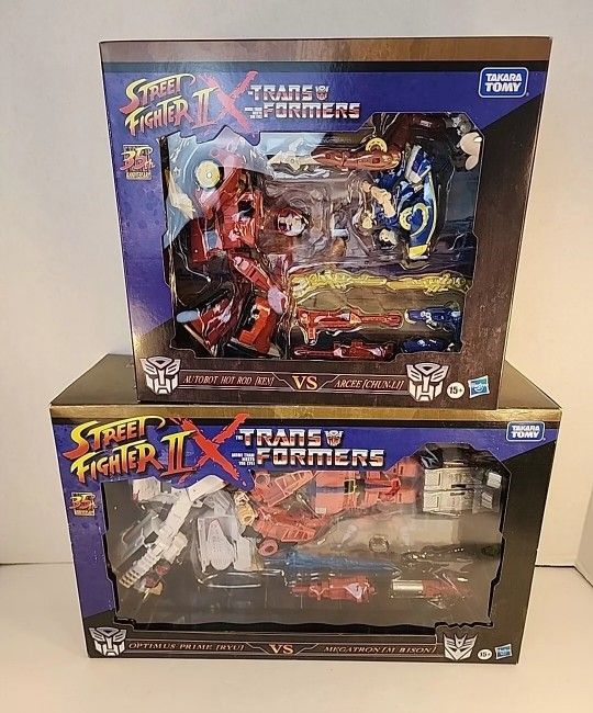 Street Fighter 2 X Transformers Optimus Ryu vs Megatron BISON Ken vs Chun-Li Lot of 2 NEW