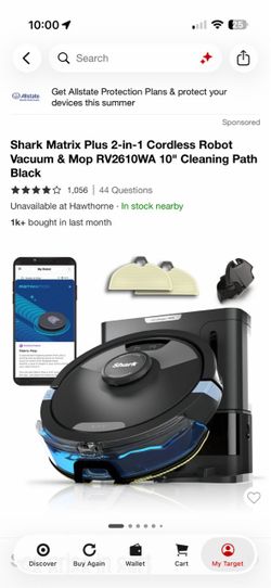 Shark Matrix Plus 2-in-1 Cordless Robot Vacuum & Mop RV2610WA 10" Cleaning Path Black