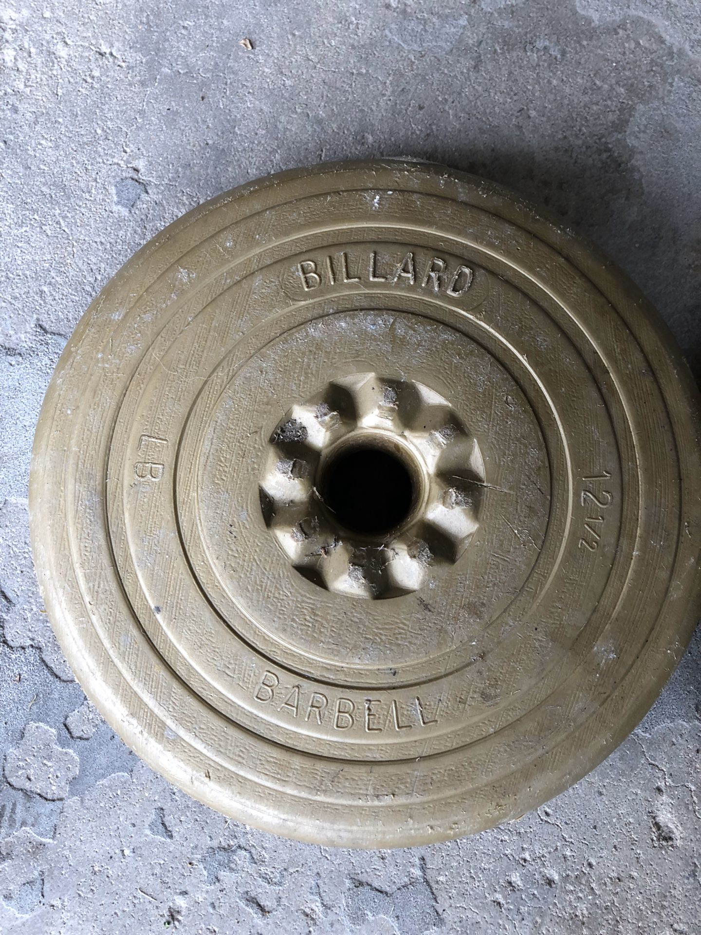 Billard barbell weights a pair of 25 lb weights and 12.5 lbs. 75 total lbs of weight.