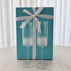 Rare Tiffany & Co. Diamond Point Crystal Champagne Flutes – Set of 2 – Brand New in Box 
