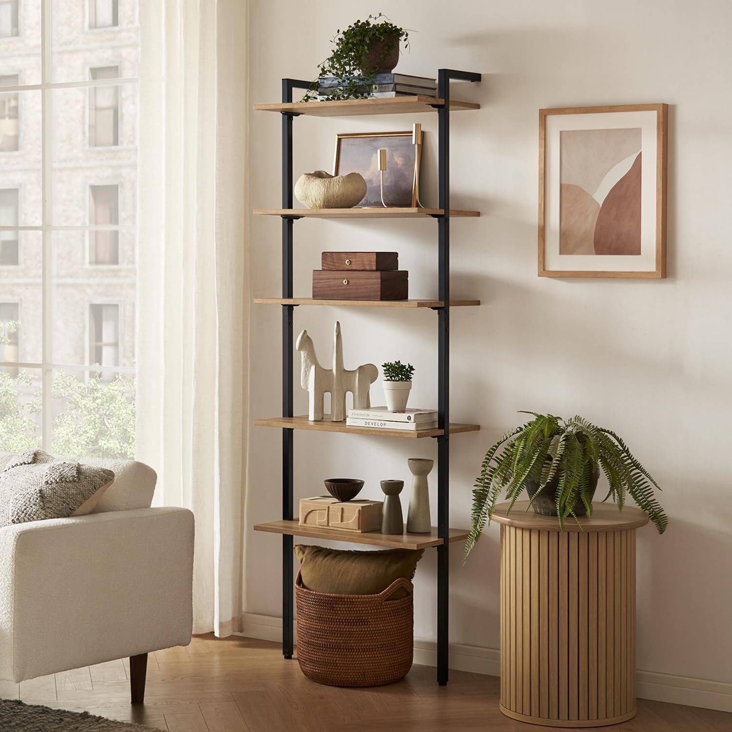 mopio Norwin Ladder Book Shelf, Wall Bookshelf, Farmhouse Industrial Bookcase, Narrow Slim Organizer Display Shelves, Living Room, Bedroom (5-Tier She
