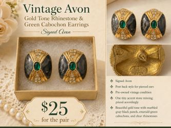 Vintage Signed Avon Green Cabochon & Rhinestone Earrings
