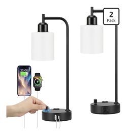 Industrial Bedroom Lamps for Nightstand Set of 2 - Fully Dimmable Bedside Lamps with USB A C Ports and Outlet, Black Table Lamps with Opal Glass Shade