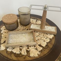 nu steel Trillium Soap Dish, Toothbrush Holder, Glass Cup & Glass Jar With Cork Lid Set in Pearl escent Mosaic & Wood