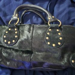Black Leather Cowhide Handbag Purse
