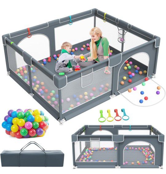 Baby Playpen, 79" x 63" Extra Large Play Yard Playpen for Babies and Toddlers with 50 Ocean Balls, Indoor & Outdoor Safety Baby Activity Center 