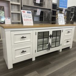 74” Length TV Stand Natural And White Color 4 Drawer And Cabinet Shelf