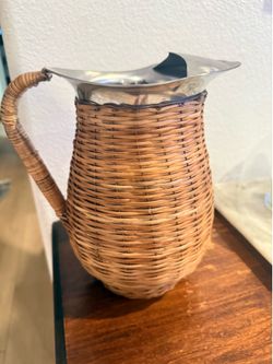 Vintage 1960's 8.5" Rattan & Stainless Steel Water Pitcher W/Wrapped Copper Wire