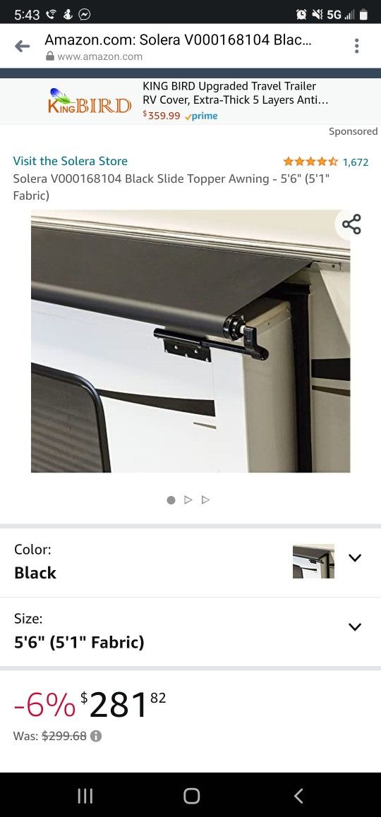 Solera V000168104 Black Slide Topper Awning - 5'6" (5'1" Fabric)
