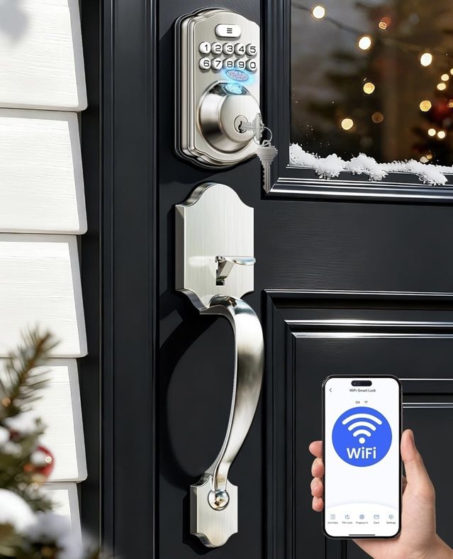 Veise Smart Lock VE012W-H, Keyless Entry Fingerprint Smart deadbolt with Handle Built-in WiFi, Color: Satin Nickel