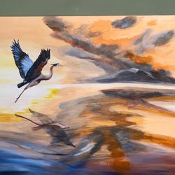 Hand Painted Blue Heron On The Water. 