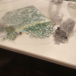 4 POUNDS of assorted cats eye glass marbles, green & clear glass flat beads, clear glass marbles, quartz crystal chips & plastic faceted beads - see p