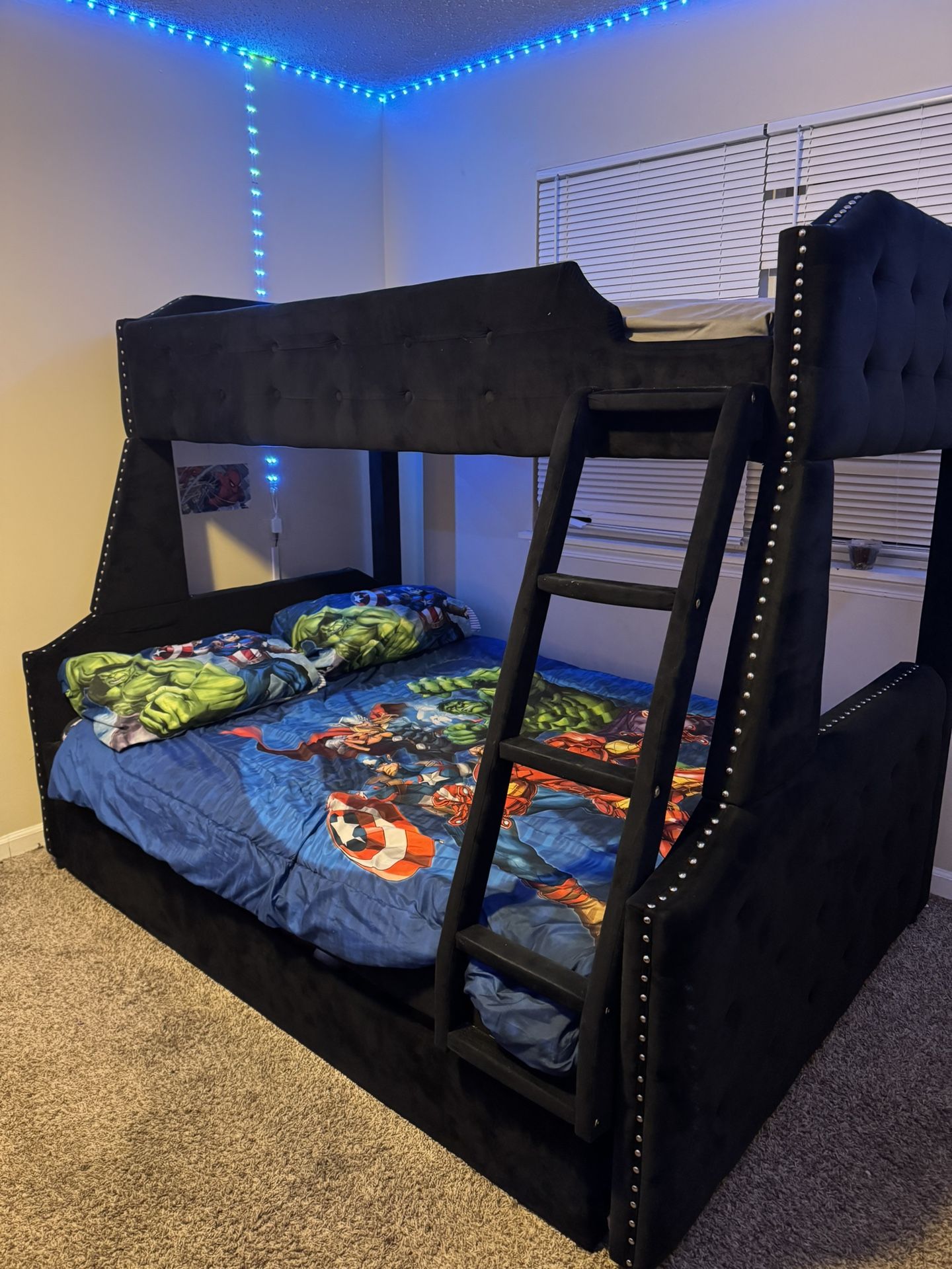LUXURY Black Velvet Bunk Bed – Twin Over Full w/ Ladder + Studded Detail – MUST SELL!