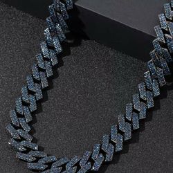 2-Pcs Iced Out Black Gold Plated Blue Cubic Zirconia 18.5 Inches Cuban Chain Necklace & Bracelet Set
