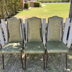 Vintage Metalcraft Of CA Trio Metal And Green Ornate Vinyl High Back Chairs