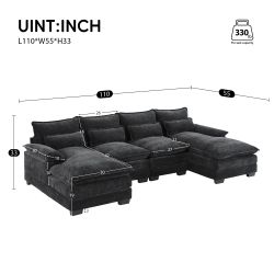 110*55 Modern Modular U-shaped Sectional Sofa with Waist Pillows,6 Seat Upholstered Symmetrical Indoor Furniture,Comfy Chenille Cloud Couch Set with C