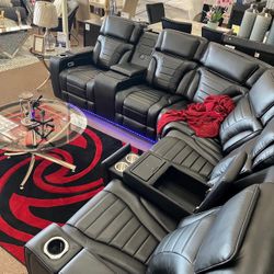 Leather Sofa Recliners With Phone Charging System, Cupholders And Floor Lights