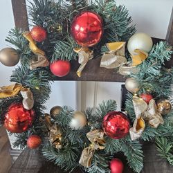 Holiday 15" Light-up Wreath with Red, Cream & Gold Balls with Gold Accent Bows