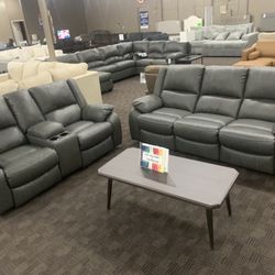 Grey Leather Reclining Sofa Set