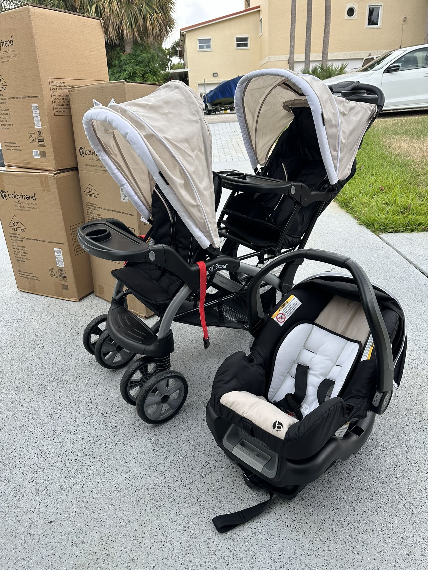 Baby Trend Sit N Stand Double Baby Stroller And 2 Infant Car Seat System. 