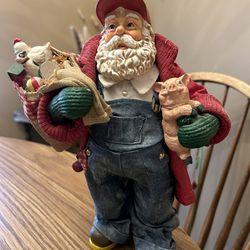 Farmer Santa Midwest Cannon Falls Fabric Mache Figurine Overalls Pig Toy Sack