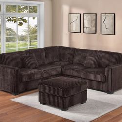 Brown Sectional Sofa With Ottoman - Soft Fur Like Corduroy Fabric