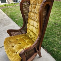 Vintage MCM (Made in USA) Lewittes Wingback Chair - Gold Velvet & Cane Sides 1960s/70s OBO