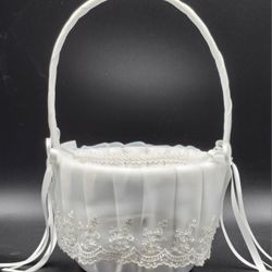 Satin Lace & Ribbon Embroidered Flower Girl Wedding Basket AND Glitter Flower Petals