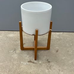 Large Ceramic Cylinder White Planter With Wooden Stand For Plants