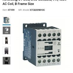 EATON IEC Magnetic Contactor: Non-Reversing, 3 Poles, 3NO Contacts, 9 A, 480V AC Coil, B Frame Size