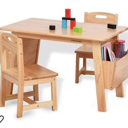 Kids Solid Wood Table and 2 Chair Set with Storage Desk and Chair Set for Children Toddler Activity Table (Solid Wood/Natural)